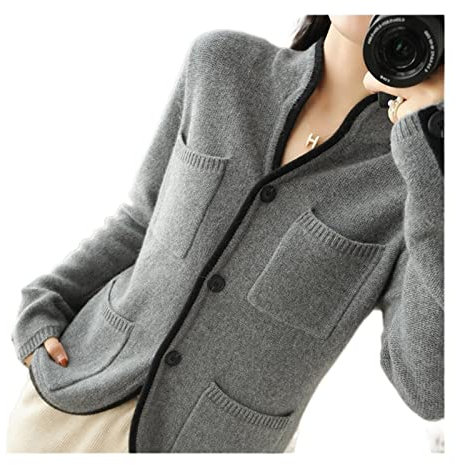 VATIVA - Cardigan da donna, 100% cashmere, autunno/inverno, colletto rialzato, casual, giacca lavorata a maglia (colore: grigio, taglia: L)