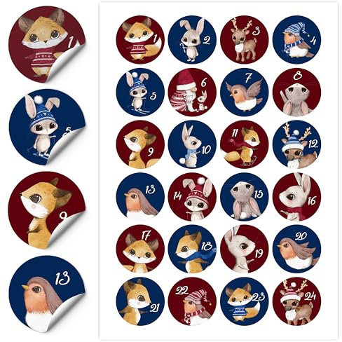 FEENSTAUB Adventskalender Aufkleber (Klebezahlen 1-24) für Adventskalender zum Befüllen, Tiere Sticker für Kalender zum selber basteln für Weihnachten, 24 Adventskalender Nummern Aufkleber