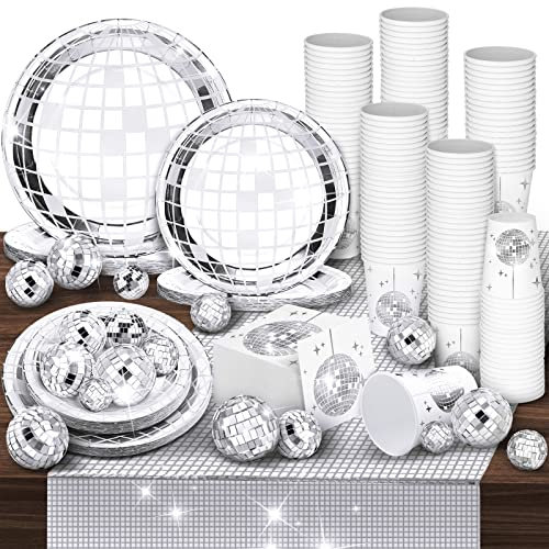 121 Pcs 70s 80s Disco Ball Christmas Party Decorations Disposable Paper Plates Napkins Cups Bachelorette Silver Balls Tableware Set for Wedding Cocktail Birthday Dancing Queen Party(Silver)