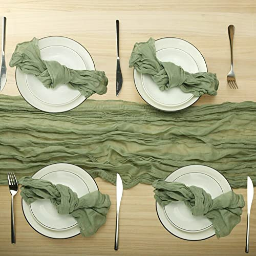 Seihtuch-Tischläufer und Servietten-Set, Boho-Gaze-Seihtuch mit 12 Servietten, rustikale geknitterte Tischdekoration für Hochzeit, Geburtstag, Dinnerpartys, Salbeigrün