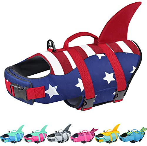 Malier Dog Life Jacket, High Buoyancy Shark Swimsuit, Ripstop American Flag, Medium, Red & Dark Blue