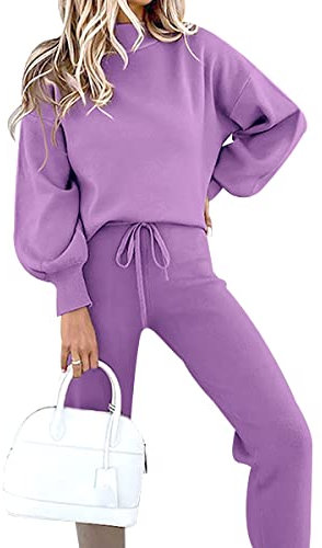 OADOBKICE Tuta Donna Manica Lunga Tuta Invernale Donna Manica Lunga Girocollo Tinta Unita Due Pezzi Outfit Felpa Con Cappuccio Jogger Tuta Allentata Set Felpa E Pantaloni Sportivi Set Viola 3XL