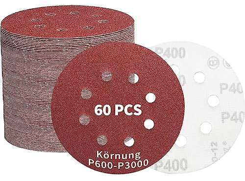 KZKR 60 Stück Schleifpapier 125mm Klett (je 10 x 600/1000/1200/1500/2000/3000 Körnung) für 8 Loch Exzenterschleifer, 125mm Schleifscheiben für Holz, Holzwerkstoffe, Spanplatte, Metall