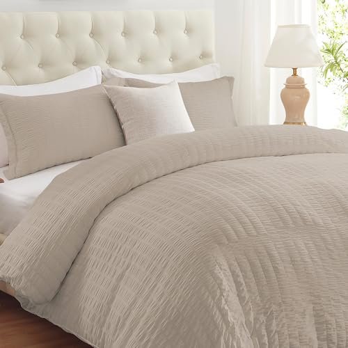 Cozyide Linen Duvet Cover Queen Size, 3 Pieces Bedding Duvet Covers, Soft Breathable Seersucker Duvet Cover Set with Zipper Closure and Corner Ties (1 Duvet Cover 90x90 + 2 Pillow Shams 20x26)