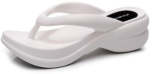 New front Chanclas de Fondo Grueso para Damas Nuevas de Verano Tacón de Cuña Arrastra Usar Sandalias de Playa con Punta de Clip Caseras Cómodas,Blanco,37