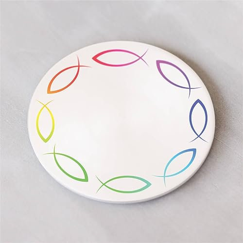 MOMENTU® Kerzenteller Bedruckt Regenbogenfische weiß rund Ø 12 cm - Kerzenständer Stumpenkerzen, Kerzenhalter Stumpenkerzen, Kerzenuntersetzer, Taufkerze, Kommunionskerze