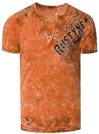 T-Shirt Herren Verwaschen Used Look Seitlicher Logo Print Rundhals mit Knopfleiste V-Neck Optik 240