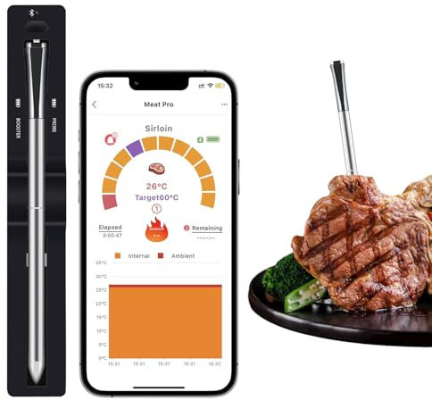Fleischthermometer Kabellos, Grillthermometer Kochen, Meat Thermometer mit Bluetooth, App-Überwachung mit Timer und Alarm, Perfekt für Grill Backofen BBQ, Bratenthermometer für Küche und Grill