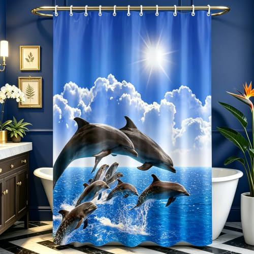 Lerores Duschvorhang 120x200cm Delphin, Beschwerter Saum Antischimmel Textil, Wasserabweisend, Waschbar Polyester Stoff Badevorhänge mit 8 Ösen und Duschvorhangringe für Badezimmer, Badewanne