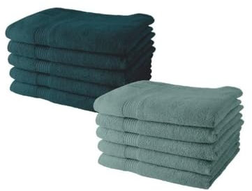 Lot de 10 Serviettes de Toilette 50x90 cm 100% Coton - 5 Paon + 5 Celadon