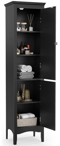 Multigot Bathroom Tall Cabinet, Wooden Slim Floor Cupboard with 2 Doors & Adjustable Shelf, Freestanding Storage Organizer Unit for Living Room Hallway Kitchen (Black)