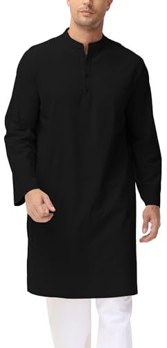LVCBL Kaftan Herren Langarm Thobe für Männer Baumwolle Leinen Muslimischer Bademantel Thobe M-3XL, Schwarz , XL