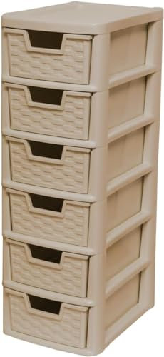 Khanary Plastic Storage Drawers Unit 6 Tier Small mini Tower Rattan Effect Homes, Kitchen, Schools, Offices Plastic Drawer Organizer Desktop Table Top Drawers Stationary-26Dx19Wx60H| Mushroom
