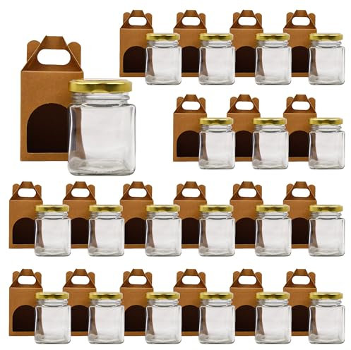 Espirito Rebelde 20x Pot en Verre Carré pour Épices 150ml avec Couvercle + 20 Boîtes Kraft - Bocaux Rangement Cuisine - Épices, Confiture, Yaourt