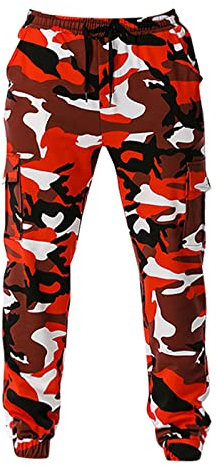 Arbeitshosen Männer MTB Hose Baggy Jogginghose Camouflage Druck Paintball Hose Tunnelzug Wanderhose Stretch Sporthose Mit Taschen Unterhose Herren (Rot, L)