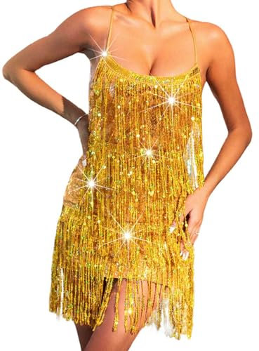 Flovel Funkelnde Pailletten Kleid Glitzerndes Quaste Tanzkleid Fransen Rave Kleider Party Festival Kostüm für Frauen und Mädchen
