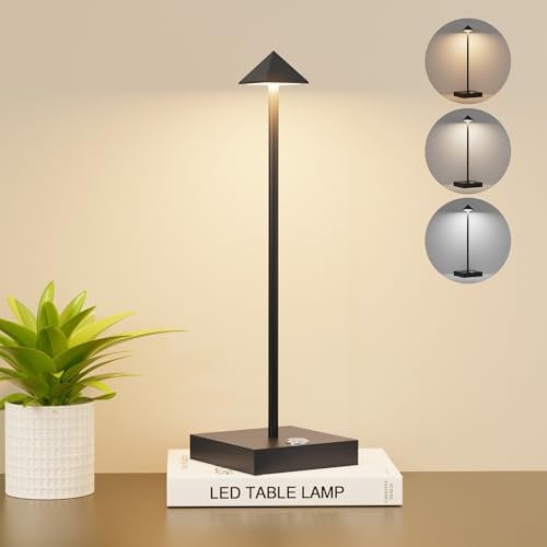 Aipsun Lampada da tavolo a batteria LED dimmerabile nera, 6000mAh, lampada da tavolo wireless ricaricabile per interni ed esterni 2700K-6000K IP54 Base quadrata in alluminio per ristoranti, giardini