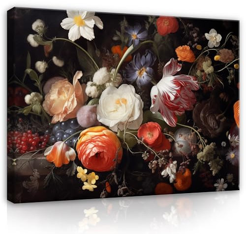 Bilder Blumen Schwarz Bunt Pfingstrosen 100x75 cm - Modern Leinwandbild Groß XXL Wohnzimmer Schlafzimmer Wandbild Kunstdruck Wandbilder Canvas Desing Wand Bild auf Leinwand Aufhängefertig