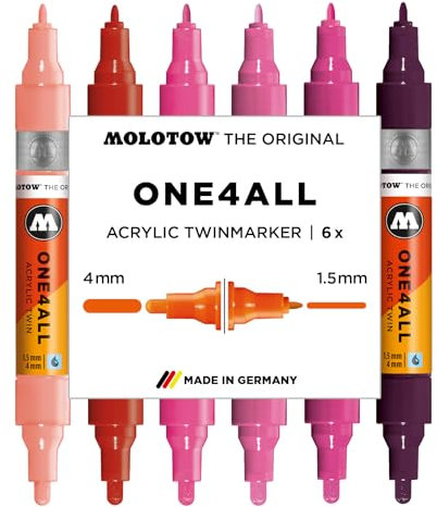 Molotow One4All Acrylic Twin Marker Pink Set (1,5 und 4,0 mm Strichstärke, hochdeckend und permanent, schnell trocknend, nachfüllbar, für fast alle Untergründe) 6 Stück sortiert