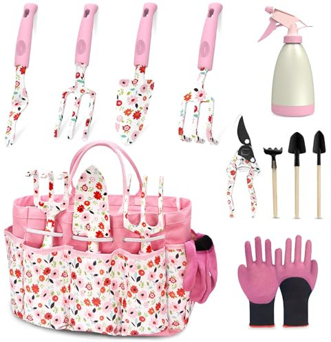 MQFORU Gardening Tools, 11 Piece Heavy Duty Garden Tools Set, New Full Set of Printed Garden Tools with Stylish Garden Tool Bag, Gardening Gifts for Women & Men