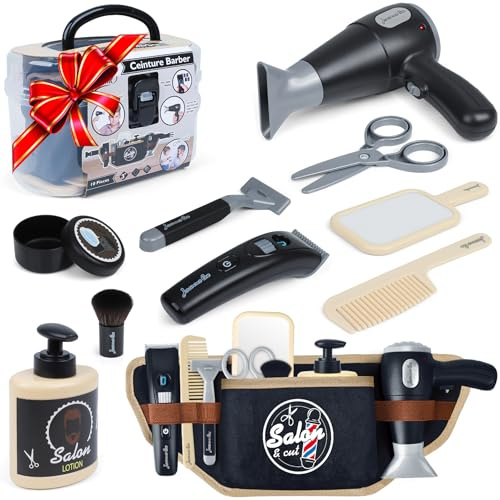 Kids Barber Shop Toy Set with Tool Belt, Realistic Haircut Kit for Boys 3+ with Light & Sound Dryer, Pretend Play Shaving Kit with Storage Box, Professional Stylist Role Play Gift, 10+ Pcs