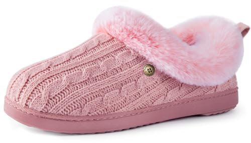 HomeTop Women's Cable Knit Slippers Breathable Warm Comfy Non-slip Indoor Outdoor House Shoes with Fuzzy Collar Pink, 5-6 UK