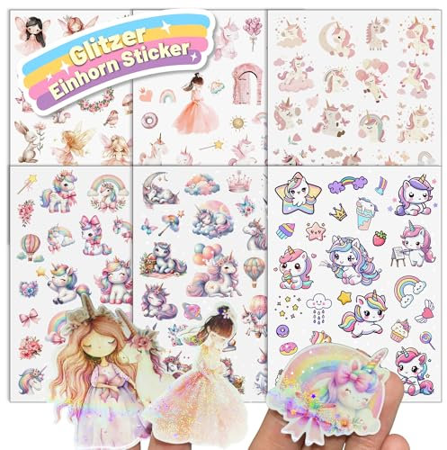 Einhorn Glitzer Sticker mit Glitzereffekt 6pcs Über 150 Motiv Glitzersticker Einhornsticker Aufkleber Holografische Unicorn für Kinder Mädchen Scrapbooking Fotoalbum Geschenke (Nicht Reflektierend)