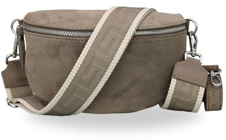 BRISE Bauchtasche Damen Echtes Wildleder SAHEL Handgemachte Umhängetasche Crossbody Bag Hüfttasche mit Ledergurt + Optionalen Breiten Gemusterten Riemen Gürteltasche Made in Italy (Dunkeltaupe 3)