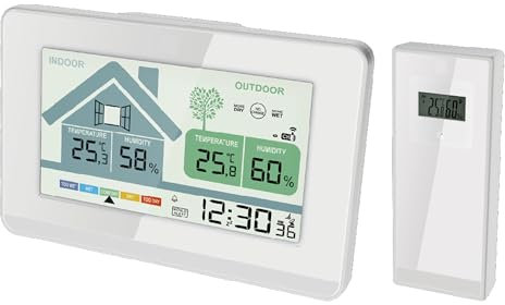 Miraval Funk-Wetterstation: Thermometer innen/außen, Hygrometer, Schimmelwarner, Lüftungsempfehlung, Uhrzeit, Datum, Snooze, Alarmfunktion 2 Alarme, Außensensor 100m Reichweite, LCD, inkl. Batterien