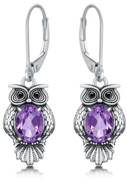 LONAGO Eulen Ohrringe für Damen 925 Sterling Silber Vintage Eule mit Oval Geschliffenem Geburtsstein Tropfen Anhänger Ohrringe (Februar)