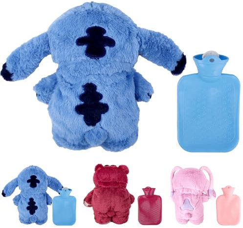 Fluffy Wärmflasche,Cartoon Heißwasserflasche Blau für Kinder Abnehmbare und Waschbare Wärmflasche Naturkautschuk Weiches Plüsch Fluffy Geschenk für Kind Familie & Freund Winter