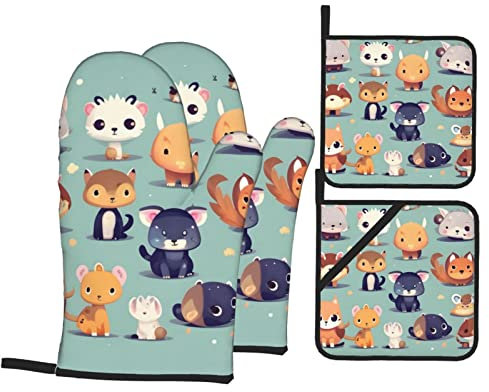 Set di 4 guanti da forno e presine con simpatici animaletti per la massima sicurezza e praticità in cucina