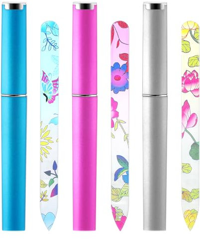 PEOVLVN Confezione da 3 lime per unghie in vetro per unghie naturali, lima per unghie in vetro con custodia, lima professionale per manicure e cura delle unghie, per donne, regali di San Valentino