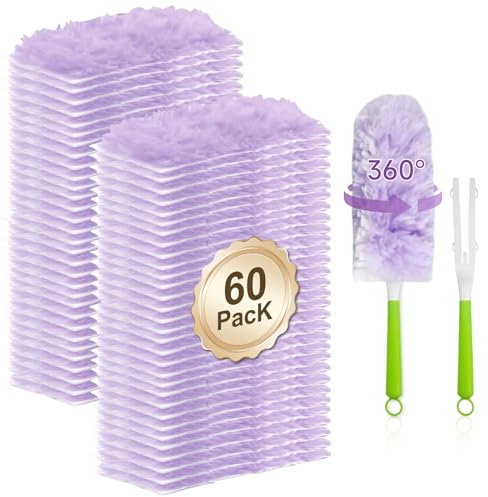 Recharges de plumeau à 360° pour S-wiffer, kit de nettoyage multi-surfaces épaisses avec 60 recharges de poussière jetables et 2 poignées
