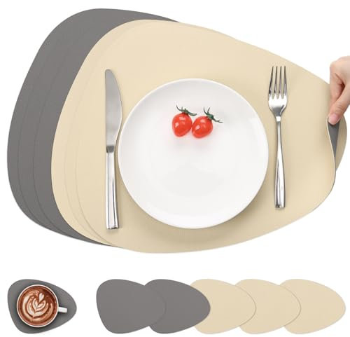 Myir JUN Set de Table en Cuir et Dessous de Verre, Set de Table Antidérapant Double Face Set de TableLavable Imperméables Set Table et Dessous de Verre Set De Table Plastique (Gris Froment, Lot de 6)