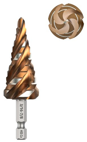Bestwork M35 Cobalt Step Drill Bit, Four Spiral Flute Unibit Step Drill Bit (3/16-7/8) Wear-Resistant TiAlN Coated, 1/4 Hex Shank for Metal, Carbon Steel, Stainless Steel, Wood, Plastic (12 Size)