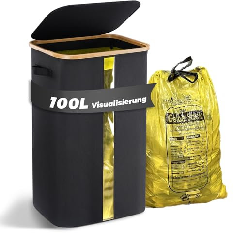 MidingChai 100L Gelber Sack Ständer Stabil, Mülleimer, Ständer Gelber Sack mit Transparentem Fenster, Müllsackhalter für Gelbe Säcke, Mülltütenhalter mit Deckel, Küche, Groß, Schwarz