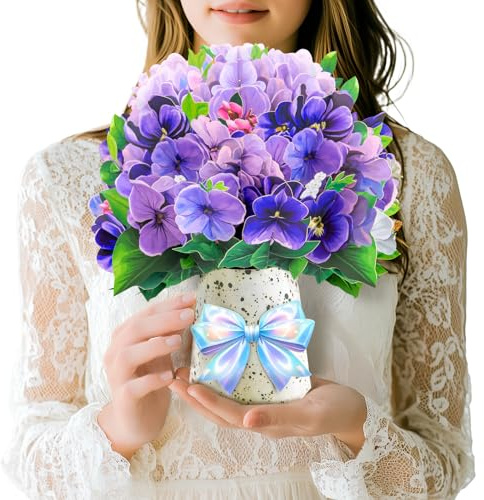 Biglietto pop-up viola con bouquet di fiori 3D, con busta e biglietto, per compleanni, festa della mamma, matrimoni, anniversari, Pasqua, guarigione, simpatia, pensare a te e inaugurazione della casa