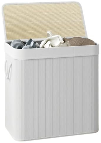 Comart - Portabiancheria Bamboo - 150 L - 3 Scomparti - Cesto Salvaspazio - Pieghevole - con Coperchio e Maniglie - Fodera Interna Rimovibile - Porta Panni e Bucato - per Lavanderia e Bagno - Bianco