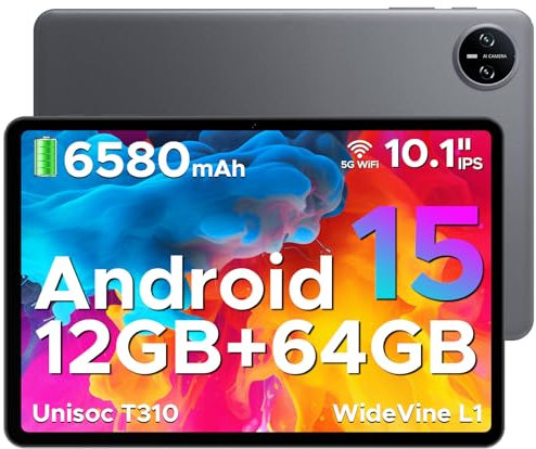 DOOGEE Tab A9 Tablette Android 15, Tablette 10 Pouces, Unisoc T310, 12GB RAM+64GB ROM(TF 2TB), 6580 mAh Tablette Tactile, 5G WiFi/Double Haut-parleur/8MP/Type-C/GMS/Bluetooth/Face ID/Jack 3,5 mm, Gris
