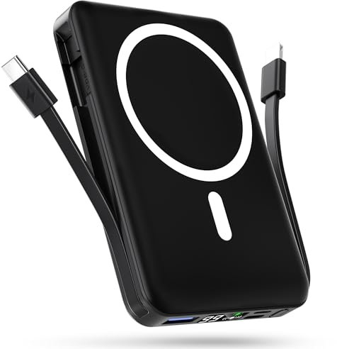 Podoru Batterie Externe Mag-Safe 10000mAh,avec 2 Câble Charge Rapide PD 20W Batterie Externe iPhone,Portable Écran LED sans Fil Power Bank pour 16/15/14/13/12/Pro/Max/Plus/Mini Série - Noir