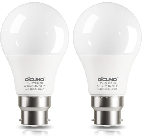 DiCUNO 9W B22 LED Lampe ersetzt 60W, Warmweiß 2700K, 806lm, 2er Pack | A60 LED Leuchtmittel, nicht dimmbar, für Hängeleuchte, Stehlampe, klassisches B22 Bajonettsockel, Deckenleuchten, Tischlampen