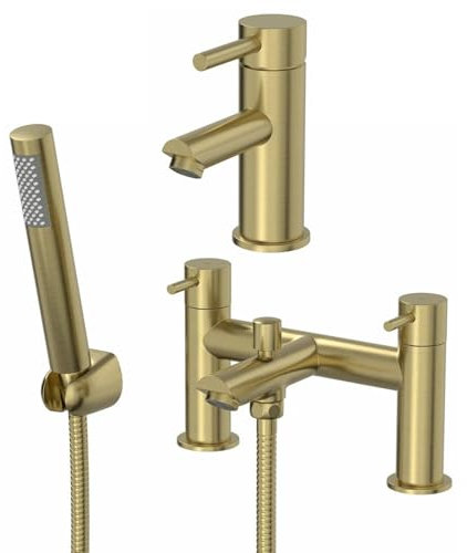 Architeckt® Malmo Bathroom Bath Shower Mixer Tap and Basin Tap Set Deck Mounted Round Twin Lever Handle Modern, Brushed Brass
