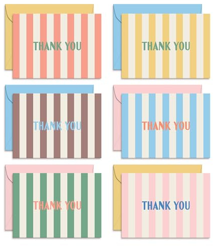 Sweetzer & Orange Summer Stripes Thank You Cards – Set of 24 Blank Cards with Envelopes – 6 Colorful Designs (4 of Each) – 4x5.5 Flat Note Cards – Pastel Pink, Blue & Yellow Envelopes – Thick Paper