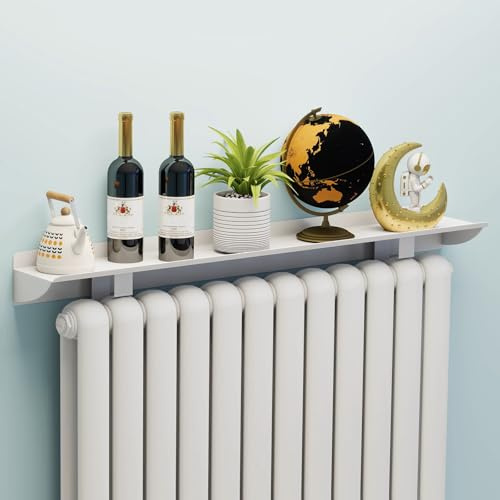 Improved White Aluminum Radiator Shelf No Drill Floating Wall Shelf with Rounded Edges 15cm Wide Decorative Wall Protector Perfect for Home & Office Use