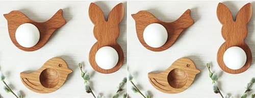 PIujsym 6er Set Eierbecher Holz – Lustige Eierbecher Ostern im Hasen & Vogel Design, ideale Ostern Eierbecher für Frühstück & Kinder, dekorative Eierbecher lustig für Frühling & Tischdeko