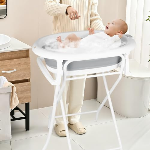 Baignoire Bébé Pliable Sur Pied Maximum 20 Kg,Grande Baignoire Xxl Avec Support/Thermomètre 2.0 – Bassine Bébé – De La Naissance À 3 Ans - Cadeau –(Style 1) 85 x 47 x 85 cm - Gris
