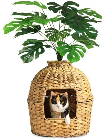 Divit Katzenklo mit Kunstpflanze Katzentoilette Rattan Braun