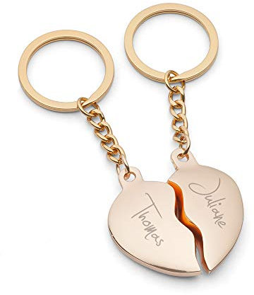 GRAVURZEILE Lot de 2 porte-clés - Cœur brisé - Personnalisable avec le nom de votre choix - Couleur : doré - Deux moitiés de cœur - Beau cadeau pour les couples pour une pendaison de crémaillère, un