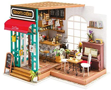 Robotime DG109 Rolife Simon's Cafe Miniatur-Puppenhaus aus Schichtholz und Kunststoff, Maße: 23 x 19 x 19 cm, 203 Teile